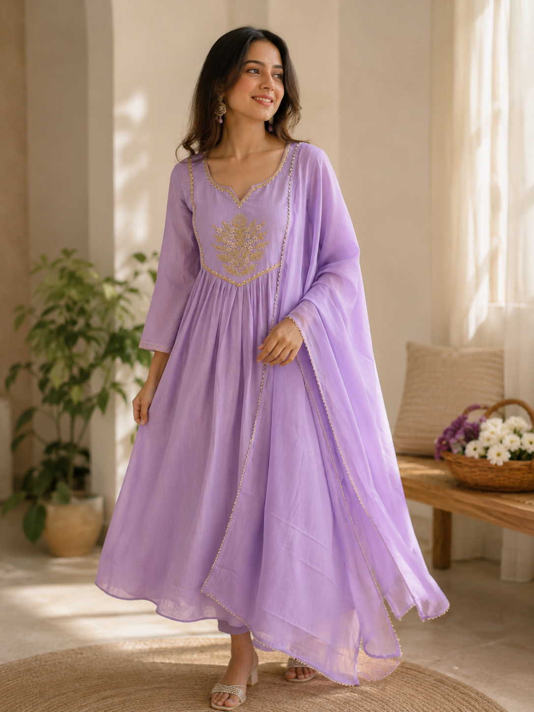 Mul Chanderi Anarkali Suit Set