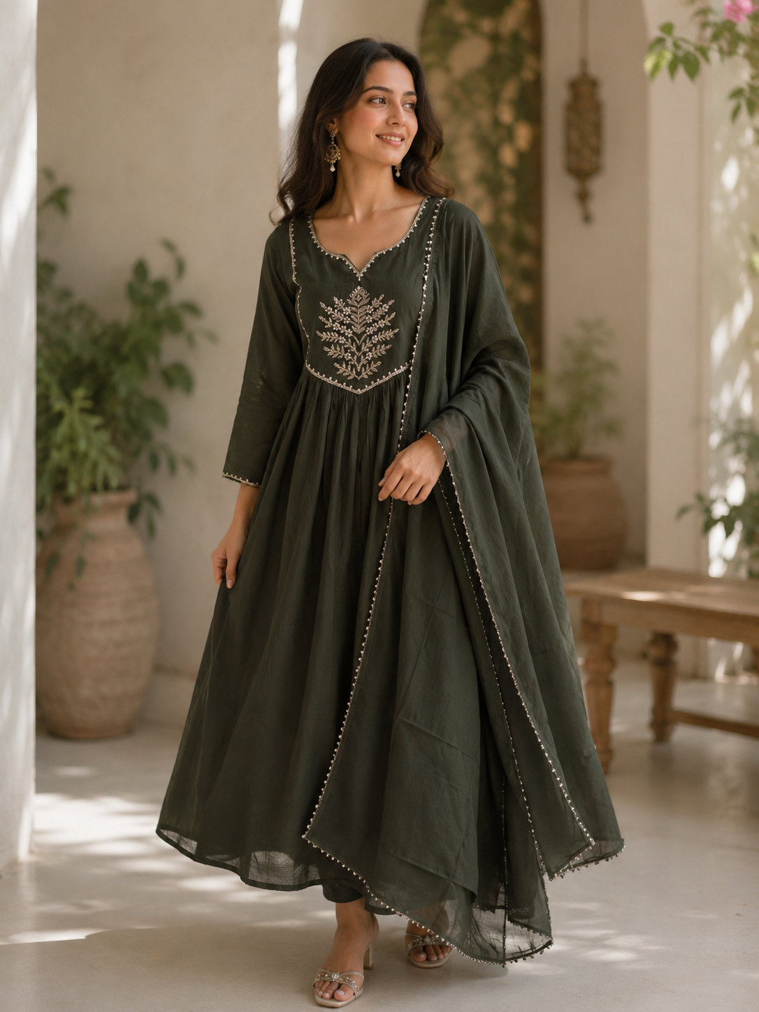 Mul Chanderi Anarkali Suit Set